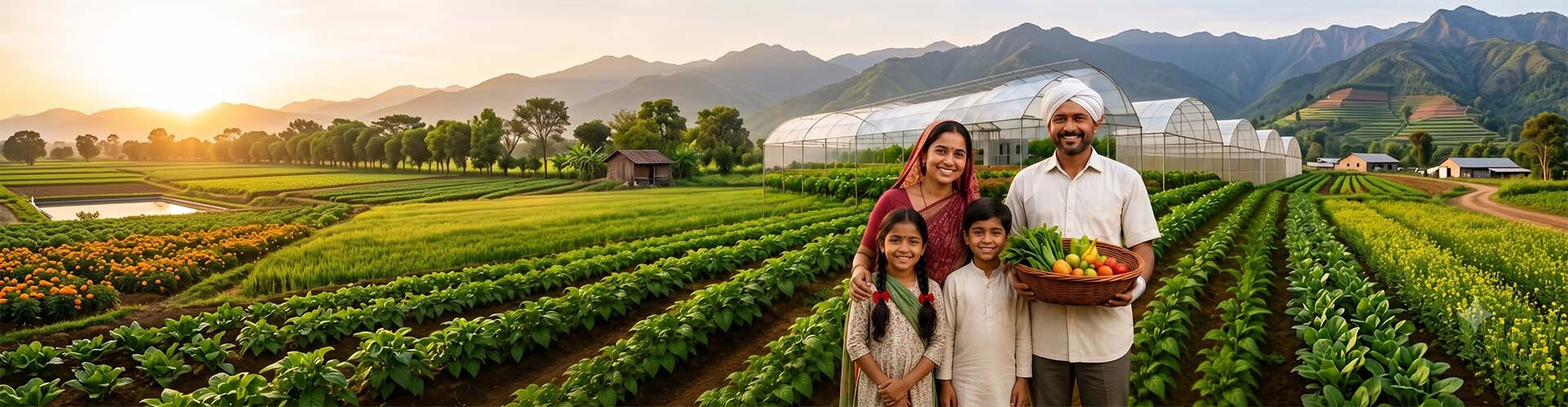 ग्रीन हाउस के समक्ष उद्यानिकी फसल की टोकरी के साथ कृषक परिवार