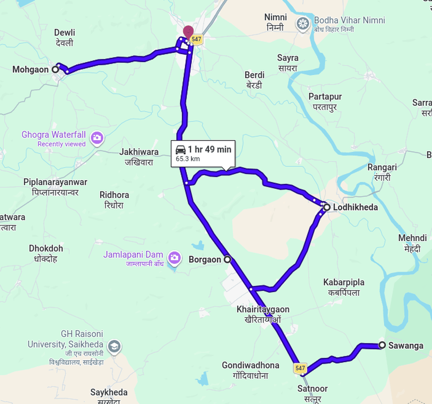 मोहगाँव, चांदामेटा एवं सावंगा होते हुए विकासखंड कार्यालय वापसी का सुझाया मार्ग